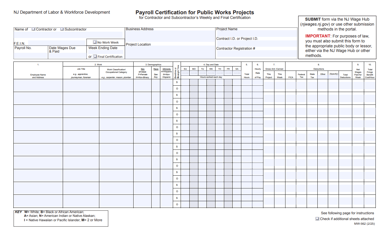 New Jersey MW-562 Payroll Certification for Public Works Projects form (reference image)
