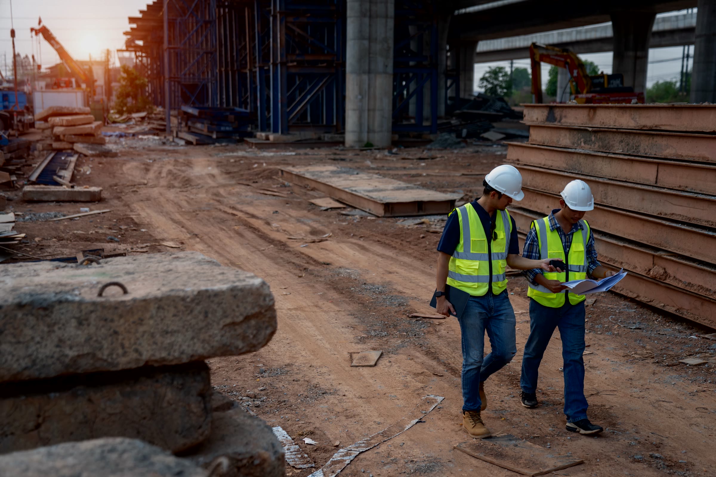 Engineers reviewing plans on a public works infrastructure construction site